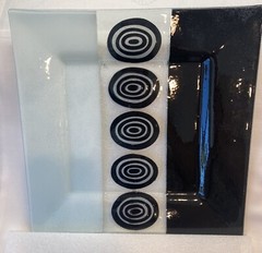 Vintage Modernist Black White Geometric Fused Glass Plate Tray 12.75” X 12.75”