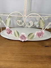 Vintage Tole Style Rose Basket Metal Shabby Chic Cottage Decor