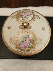 Vintage Lefton China Gold Green Victorian Couple Lidded Dish Footed 1616