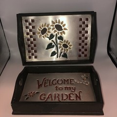 Adorable Vintage Wood And 10 Trays With Hearts Sunflowers Welcome Garden