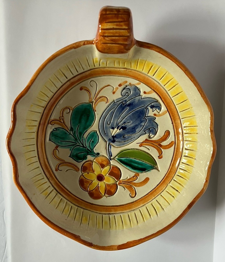 Vintage Hand Painted Italian Floral Dish With Handle 6.75 X 2 Inches