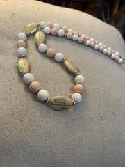 VTG MADE IN JAPAN NECKLACE WHITE PINK PALE GREEN BEADS WITH GOLD TONE ACC. 28”