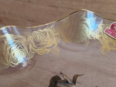 Flamingo Crystal Pedestal Bowl Dish 24KT Gold Gilt Holland Vintage Tole Roses