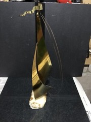 DEMOTT Signed Brass Sailboat On Onyx Base Sculpture Mid Century Modern 15” Tall