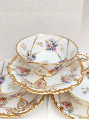VTG /ANTIQUE LIMOGES J POUYAT BERNARDAUD FLORAL GILDED 3 CUPS SAUCERS FRANCE