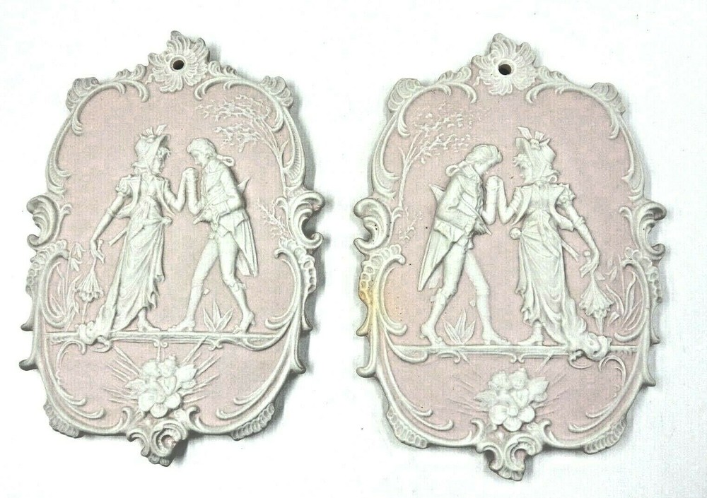 SET OF 2 ANTIQUE STYLE HIGH RELIEF BISQUE PORCELAIN PLAQUES OF COURTING COUPLE