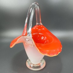 Vintage 1980s Venetian Art Glass Basket Bowl With Handle Red White Art Glass VTG