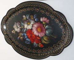 TWO Vtg Tole, Toleware Black Metal Trays, Hand-Painted Florals w/Gold Trim Edges