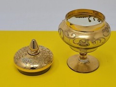 Vintage Gold Painted Textured Footed Glass Lidded Decor Dish Floral RARE