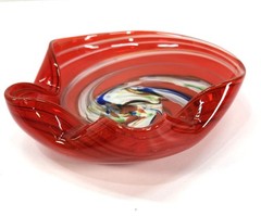 Vintage Lutetian Red Swirl Hand Blown Art Glass 6.5″ Bowl Candy Dish Ashtray
