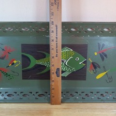 VTG MCM Pierced Metal Toleware Tole Serving Tray Handpainted Fish and Lures VGUC