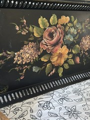 Antique Black Toleware Tray Long Hand Painted Reticulated Metal 24.5 x 12.5”