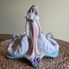 Vintage Art Nouveau Bisque Porcelain Woman with 2 Swans Planter Figurine / Read