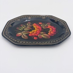 Painted Metal Mini Tray Folk Art Toleware Style Black w/ Red Orange Berries