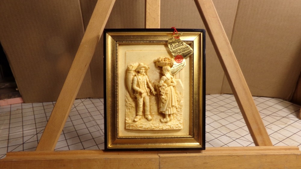 Vintage French Floralix Detailed Relief Framed Wall Decor Man & Woman w/ Baskets