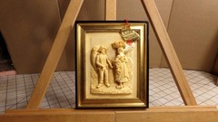 Vintage French Floralix Detailed Relief Framed Wall Decor Man & Woman w/ Baskets