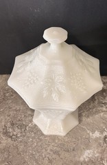 Vintage Milk Glass Anchor Hocking Grapes & Leaves Footed Candy Dish with Lid 8”