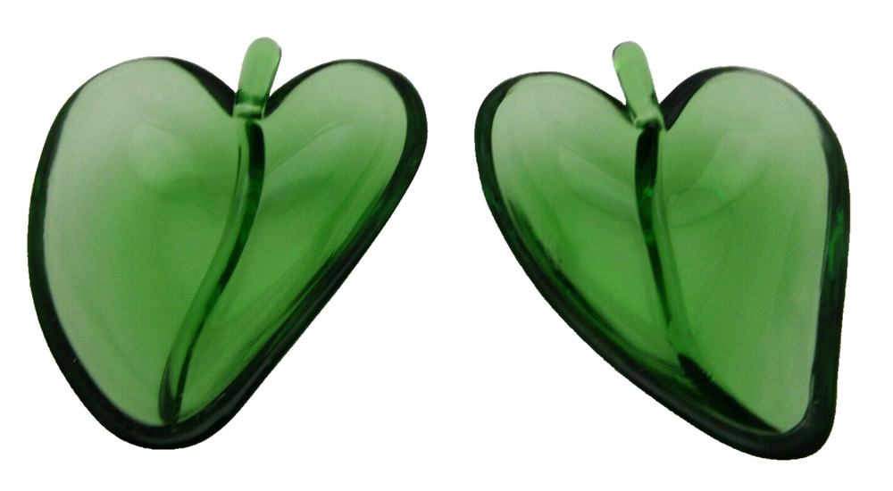 2 Unbranded Glass Green Leaf Heart Shaped Vintage Salt Dip or Trinket Dish