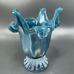 1980s Art Glass Abstract Vase Bowl Centerpiece Teal Blue Iridescent Finish Glass