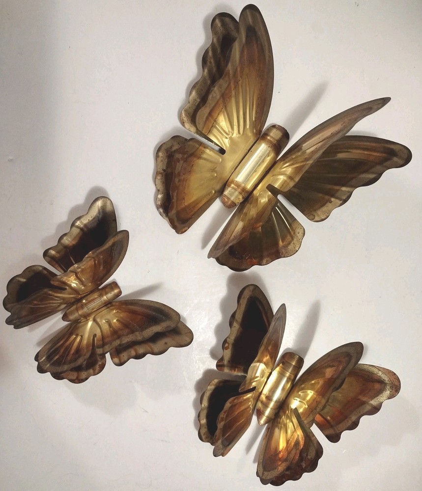 Vintage MCM Homco Set of 3 Metal Brass Copper Hanging Butterflies Wall Art Decor