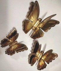 Vintage MCM Homco Set of 3 Metal Brass Copper Hanging Butterflies Wall Art Decor