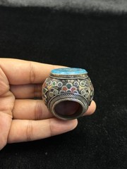 Old Islamic Writing Turquoise Ring Silver Plated Afghanistan Origin Size 9