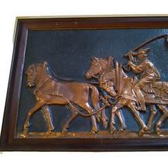 Copper Hand Forged 3D Picture 3 Horses Pulling Wagon Vintage Polish Framed Vtg