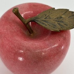 Vintage Alabaster Marble Fruit Red Apple with Brass Stem & Leaf