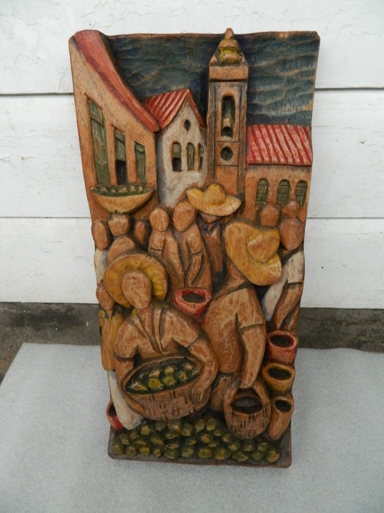 Hand-carved WOODEN WALL PLAQUE.Jorginho da Bahia,Rio,Brazil.Village Scene.