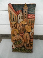 Hand-carved WOODEN WALL PLAQUE.Jorginho da Bahia,Rio,Brazil.Village Scene.