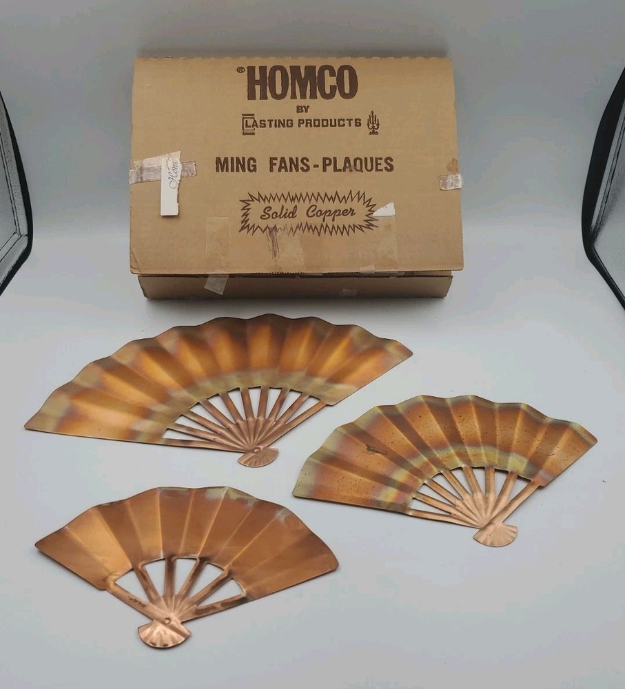 Vintage Solid Copper Ming Fans Plaques Set Of 3 By Homco Original Box