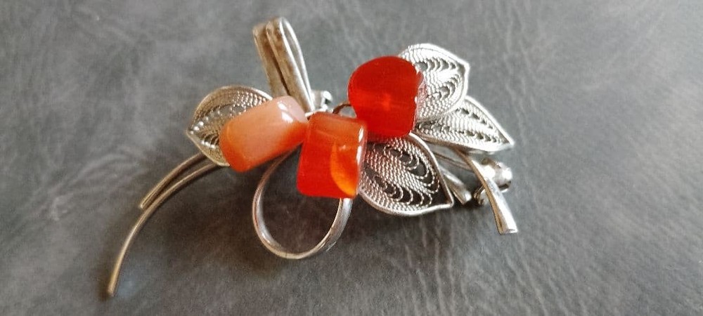 Silver Filigree Leaf Brooch with Red & Orange Accents Elegant Jewelry