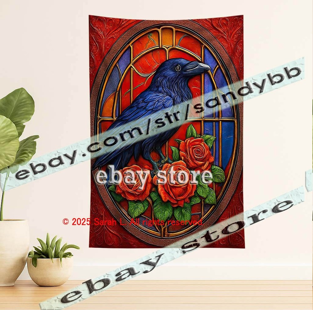 Raven Window Tapestry Gothic Bird Fantasy Wall Hanging dark art 39X59 in