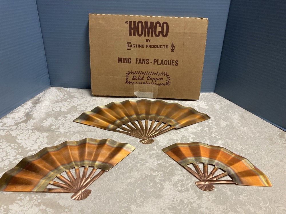 Vtg HOMCO Solid Copper Fan Plaques Set of 3 In Original Box MCM