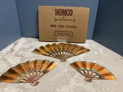 Vtg HOMCO Solid Copper Fan Plaques Set of 3 In Original Box MCM