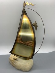Vintage DeMott Signed Brass Sailboat Rock Quartz Base Nautical Boat Sculpture