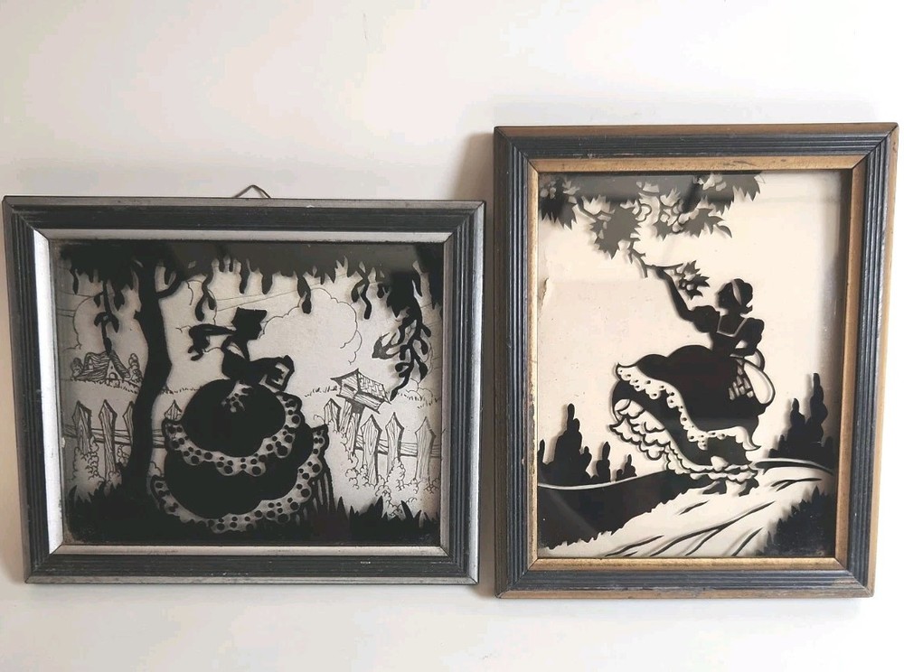Vintage Deltex Reverse Painted Glass Silhouette Wall Art Pair 1933 Brooklyn NY
