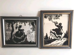 Vintage Deltex Reverse Painted Glass Silhouette Wall Art Pair 1933 Brooklyn NY
