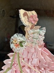 vintage lovely lady dressed in folded ribbons VERY nice gold frame/pink outfit