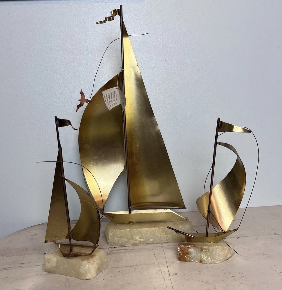 Vtg DeMott And Signed Brass Metal Sail Boats Nautical Sailing MCM Lot of 3 70s