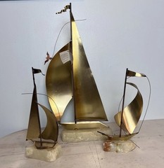 Vtg DeMott And Signed Brass Metal Sail Boats Nautical Sailing MCM Lot of 3 70s