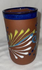 Mexican Folk Art Terra Cotta Pottery Tumbler Cup Vase Raised Design Hand Painted