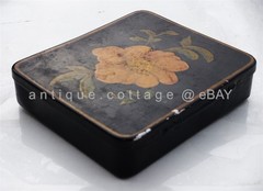 antique TOLE hand painted CIGARETTE TRINKET TIN floral aafa folk art orange PRIM