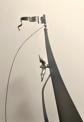 DEMOTT signed Tall Silver Metal Sail Boat Sculpture on Driftwood Base Vintage