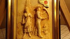 Vintage French Floralix Detailed Relief Framed Wall Decor Man & Woman Farmers
