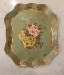 VTG Hand Painted Floral Serving Tole Tray Olive Green Stand Cottage Core Shabby
