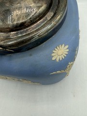 Rare Wedgwood Blue Jasperware Biscuit Barrel Square Metal Lid England 5 3/4” Sq