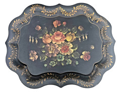 Vtg Hand Painted Toleware Tole Tray Floral Scalloped Rolled Edges XL-25″ x 19.75