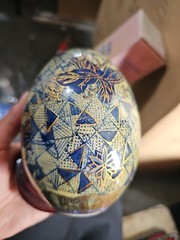 Vintage Handpainted Cloisonné Egg Blue White Gold Floral Geometric Design