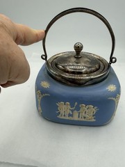 Rare Wedgwood Blue Jasperware Biscuit Barrel Square Metal Lid England 5 3/4” Sq